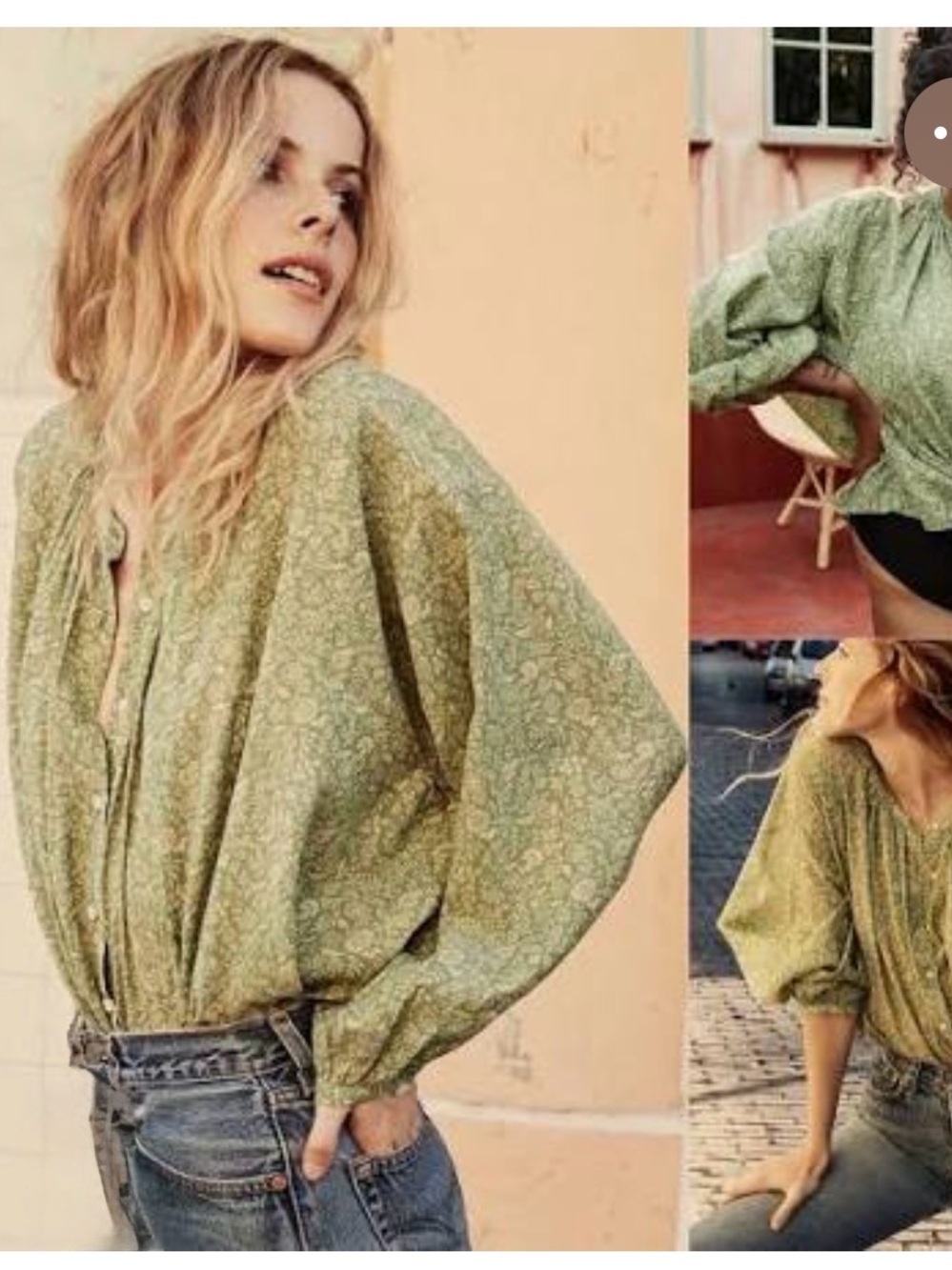 Doen Jane Blouse Green Garden Bloom Floral Print Boho Balloon Sleeve Size XS